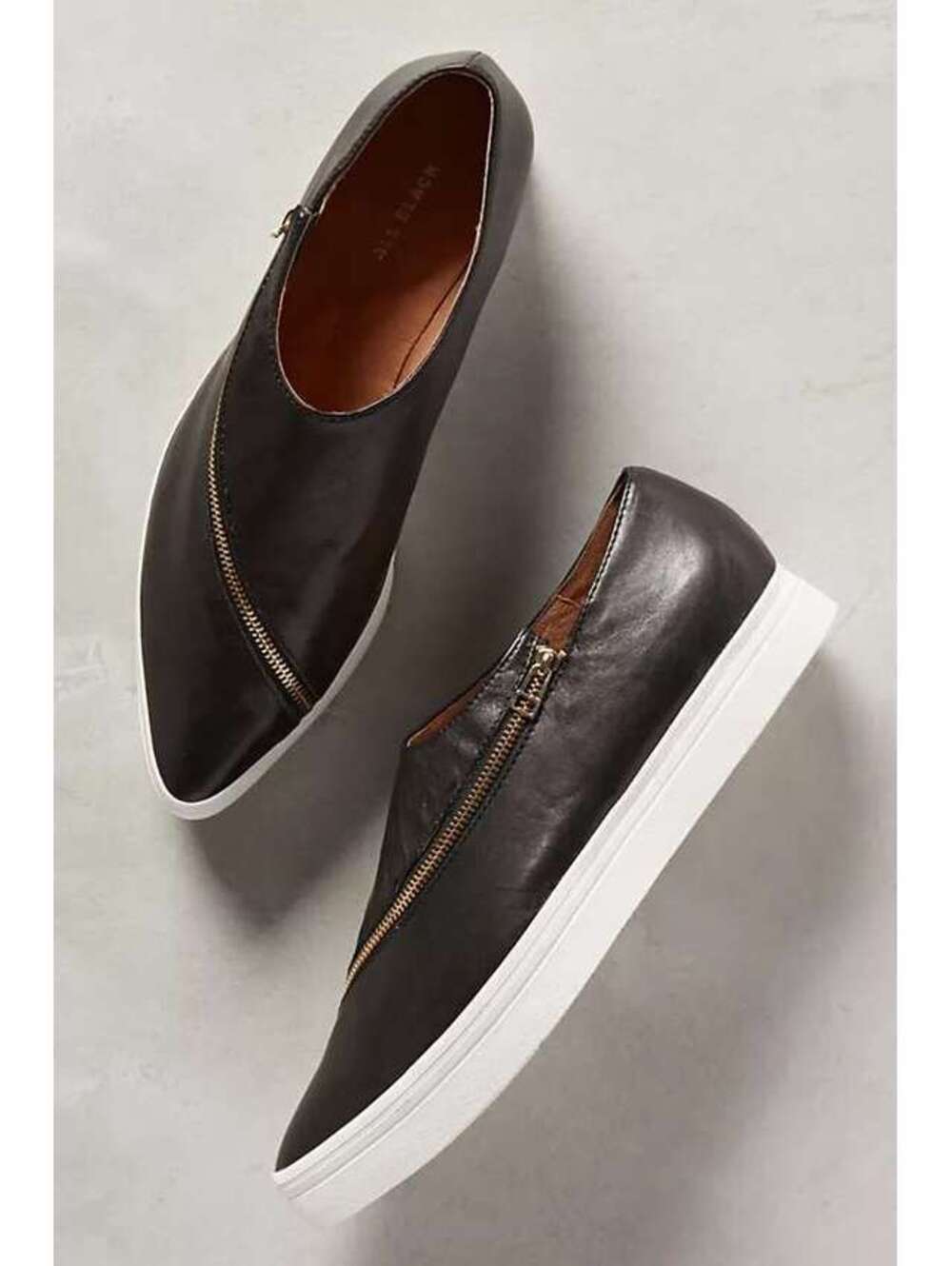 All Black Anthropologie Pointed Toe Leather Zip Sneakers Slip On EU 40 US 9